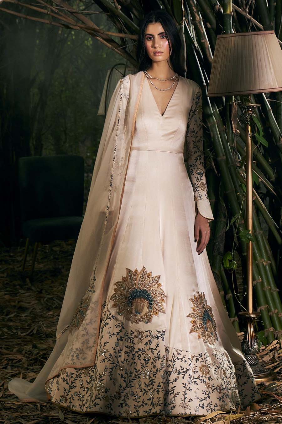 Beige Satin Georgette Screen Printed & Embroidered Anarkali Set