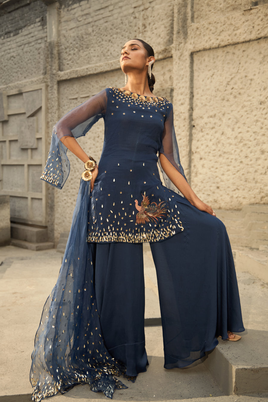 Midnight blue cape sleeves suit set – Shreeka