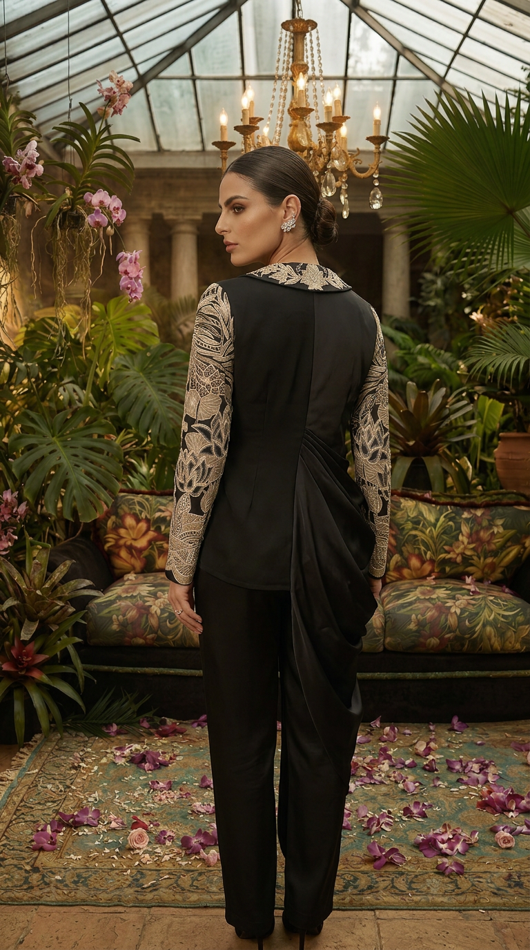 Black and White Draped Blazer Set
