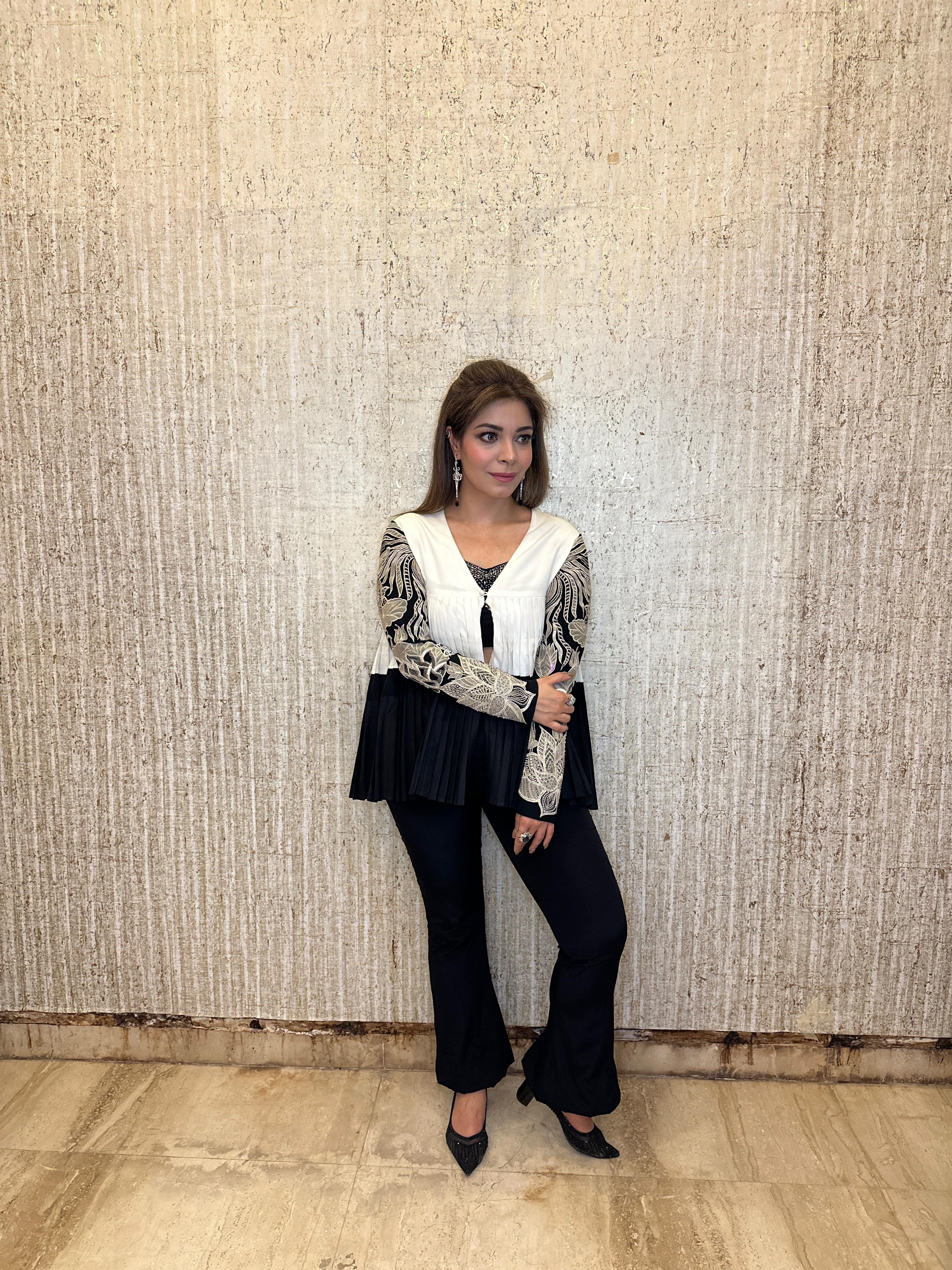 Black & White Georgette Pleated Jacket Set
