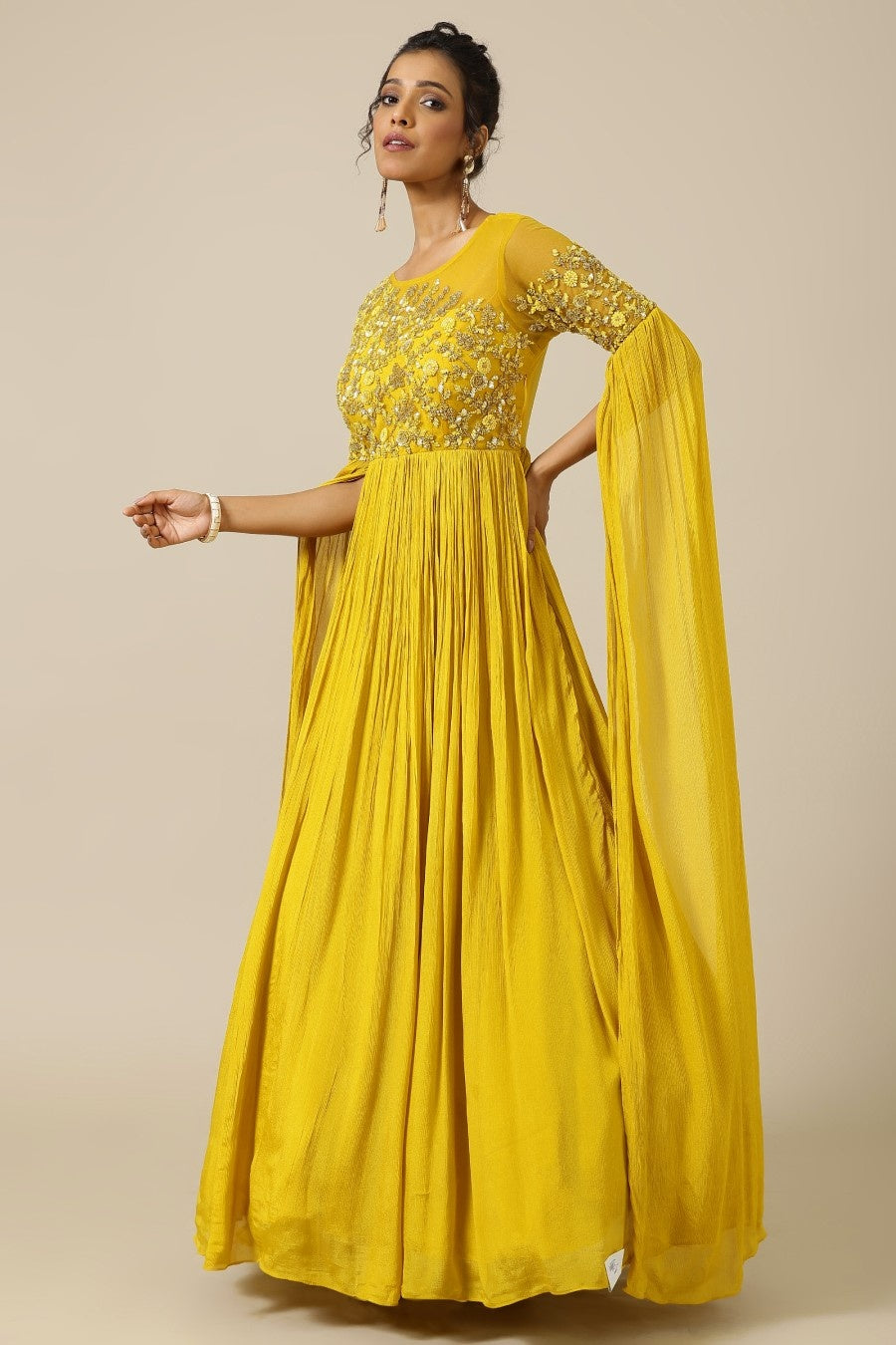 Yellow chinon and net tonal floral embroidery dress