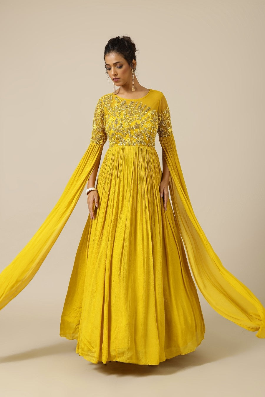 Yellow chinon and net tonal floral embroidery dress