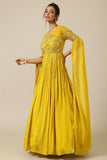 Yellow chinon and net tonal floral embroidery dress
