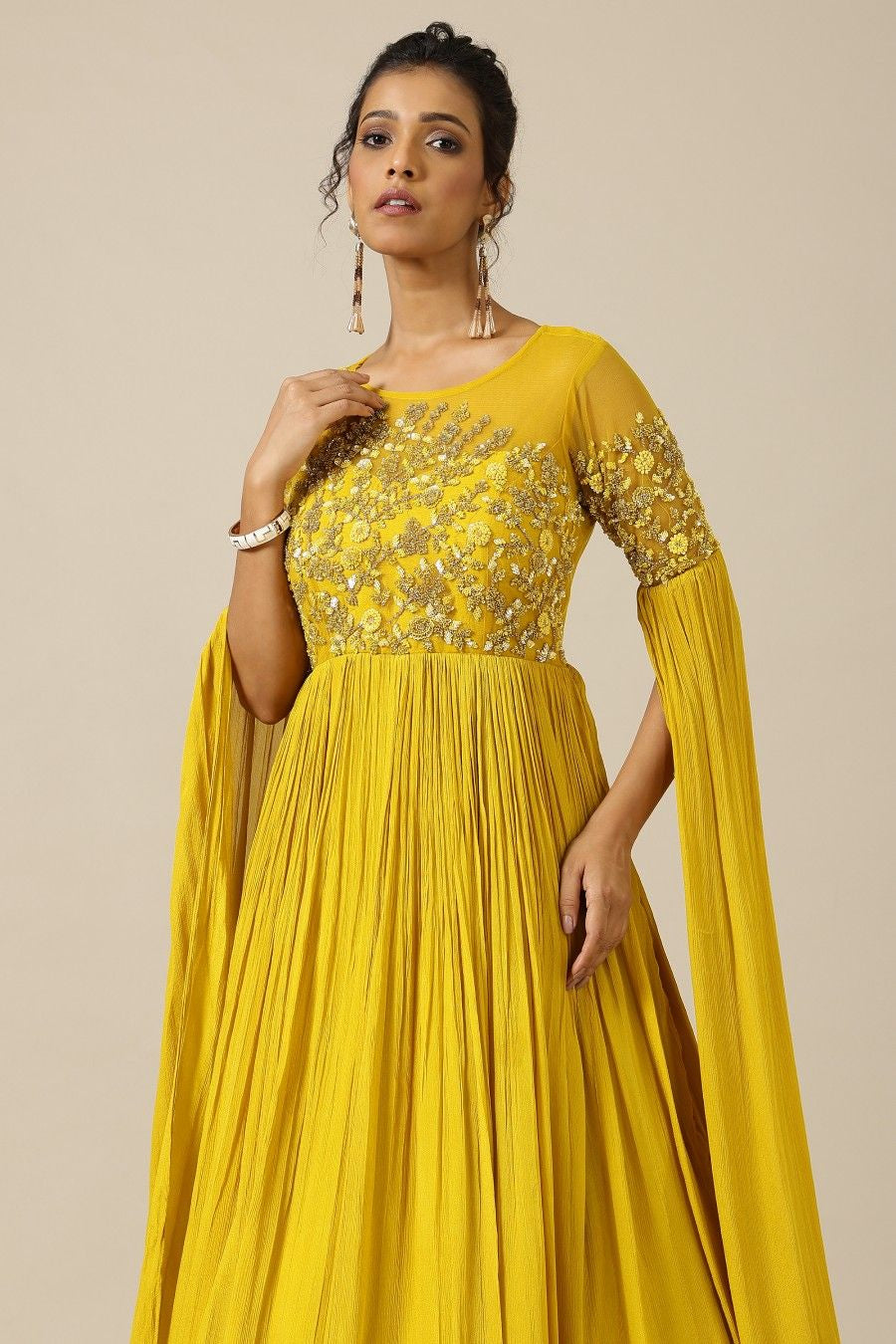 Yellow chinon and net tonal floral embroidery dress