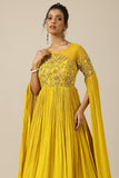 Yellow chinon and net tonal floral embroidery dress