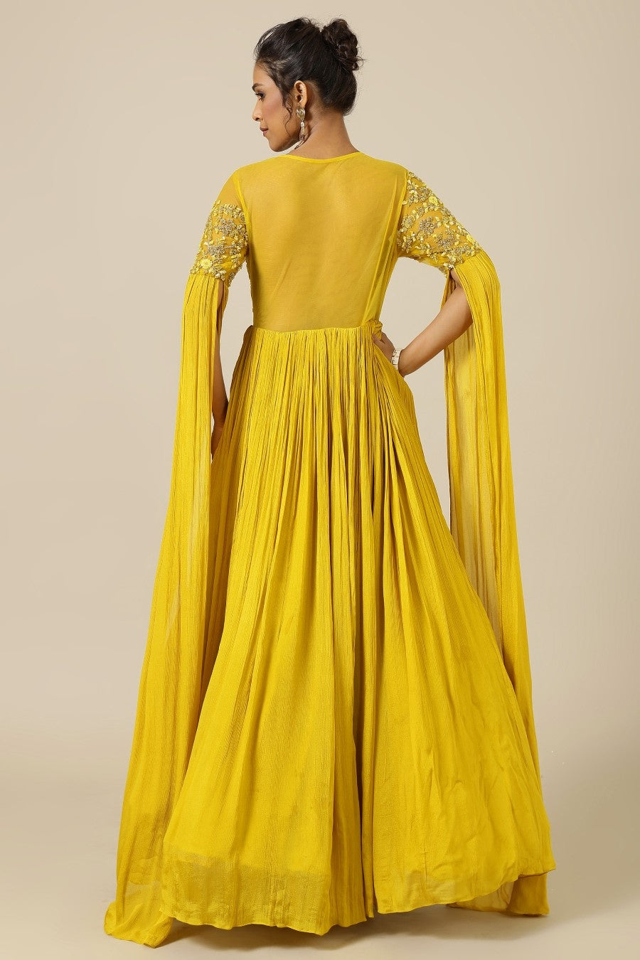 Yellow chinon and net tonal floral embroidery dress