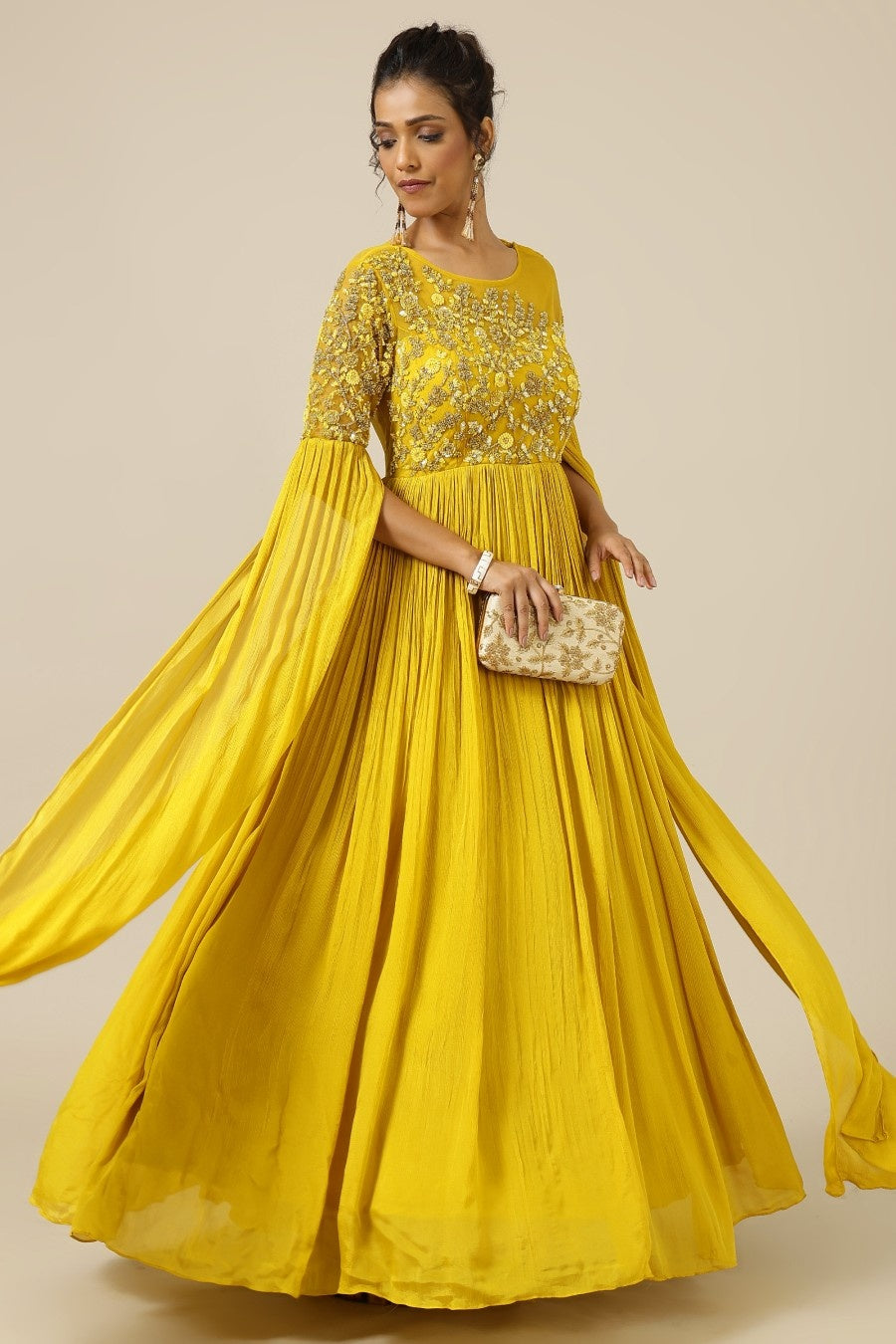 Yellow chinon and net tonal floral embroidery dress