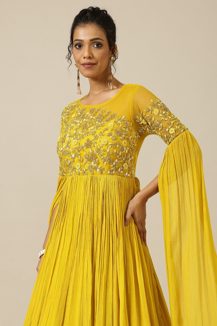 Yellow chinon and net tonal floral embroidery dress