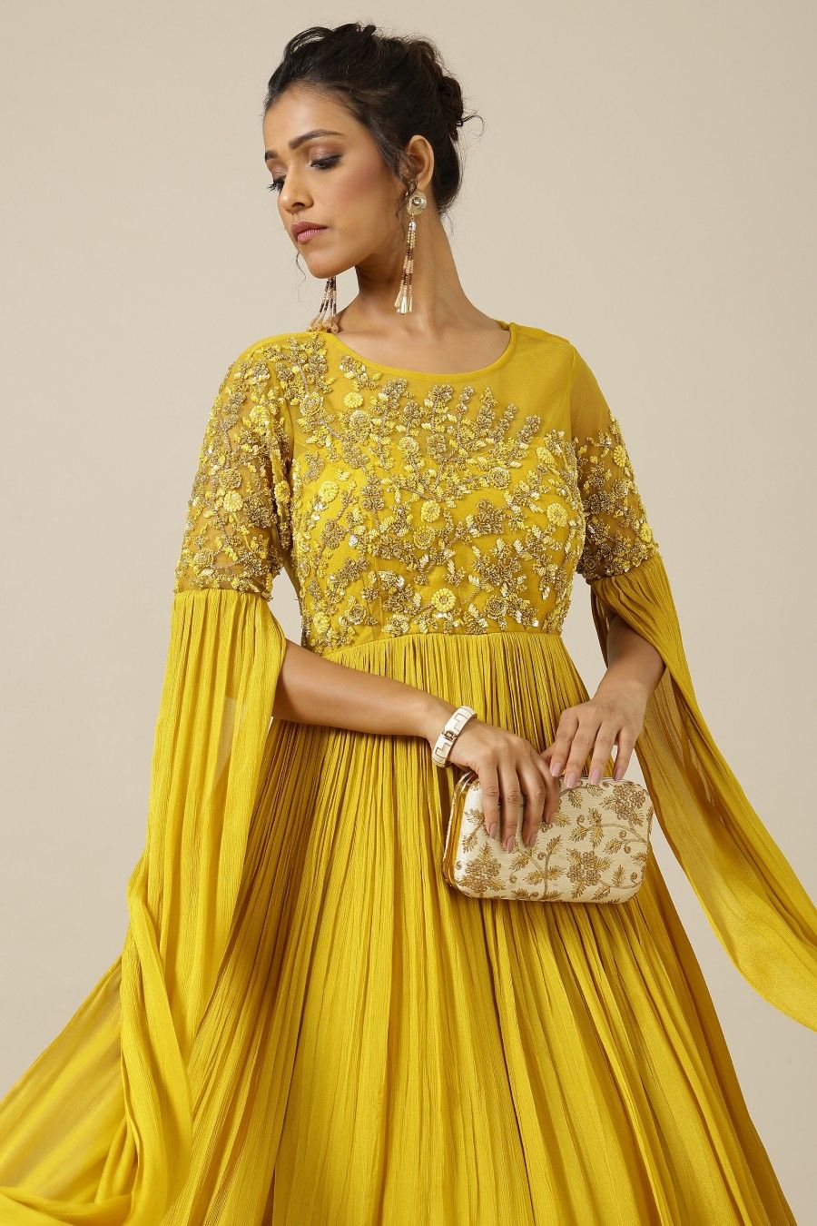 Yellow chinon and net tonal floral embroidery dress
