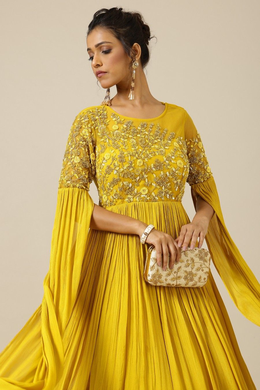Yellow chinon and net tonal floral embroidery dress