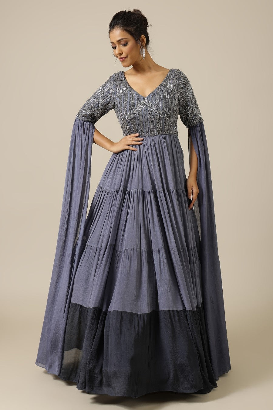 Stone grey two tone chinon embroidered Cocktail gown