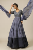 Stone grey two tone chinon embroidered Cocktail gown