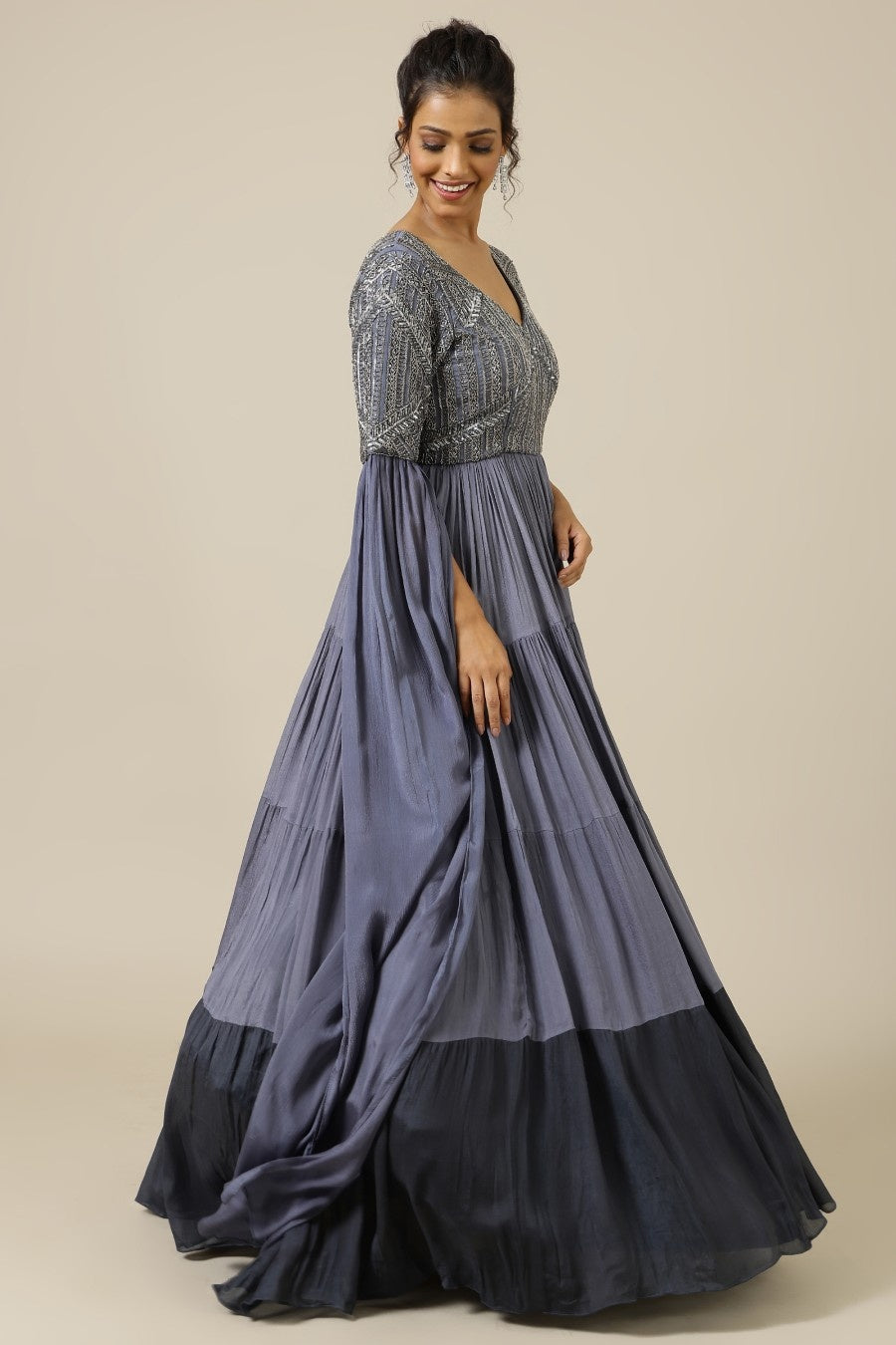 Stone grey two tone chinon embroidered Cocktail gown