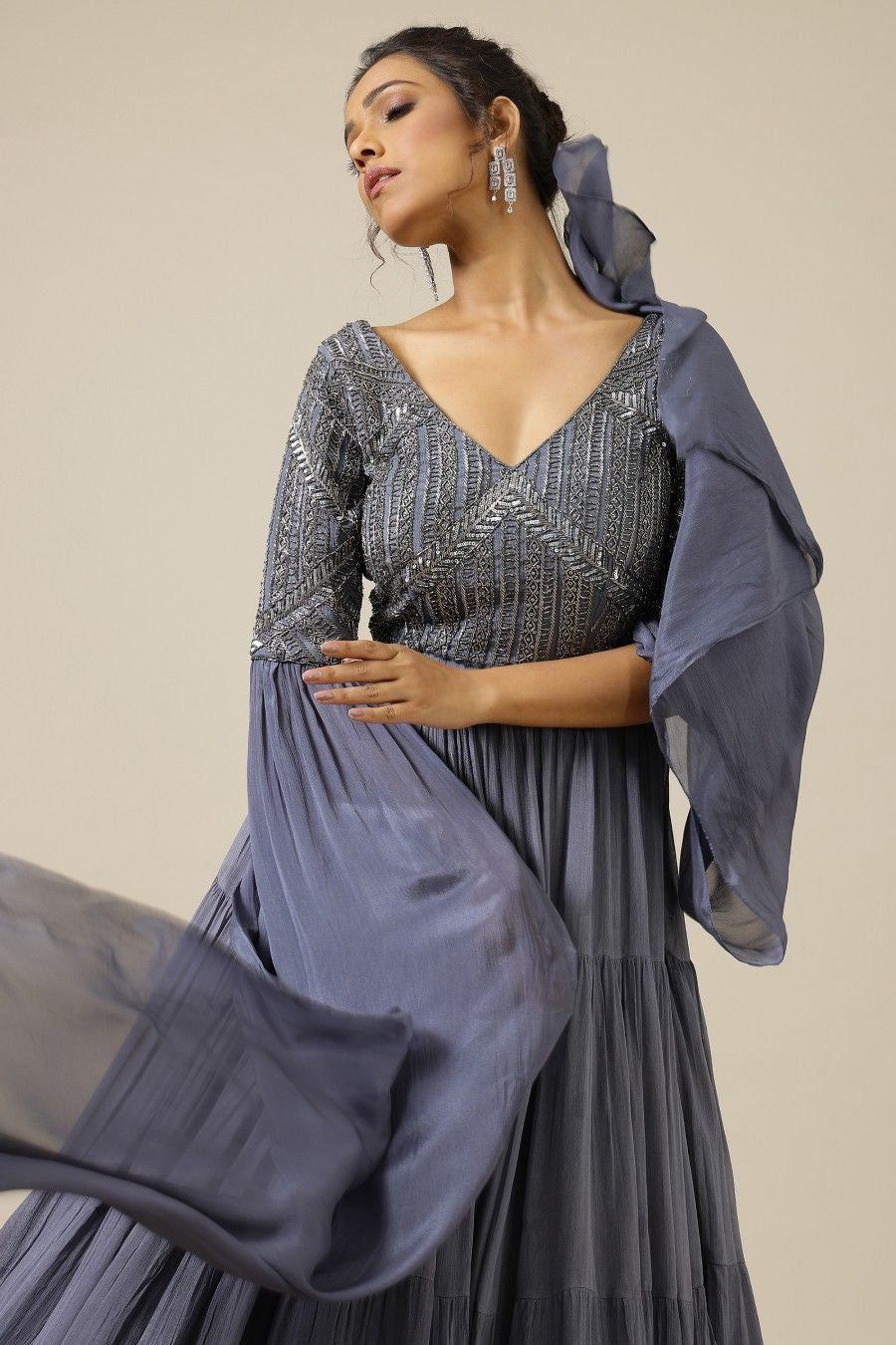 Stone grey two tone chinon embroidered Cocktail gown
