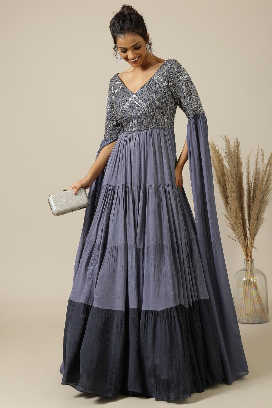 Stone grey two tone chinon embroidered Cocktail gown