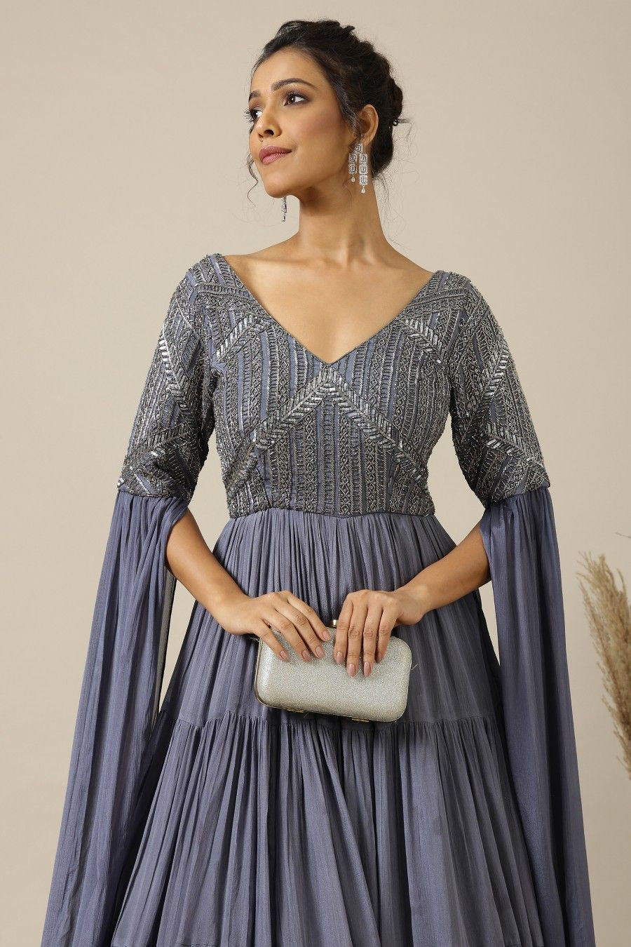 Stone grey two tone chinon embroidered Cocktail gown