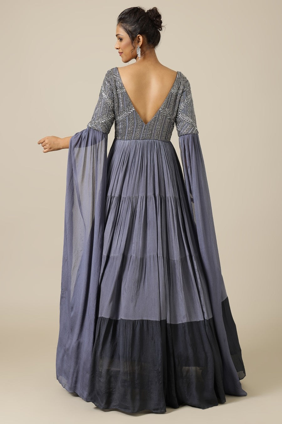 Stone grey two tone chinon embroidered Cocktail gown