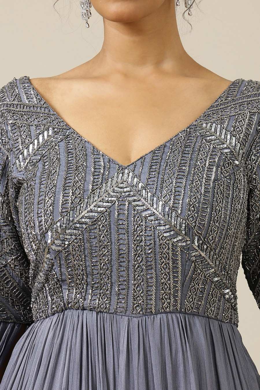 Stone grey two tone chinon embroidered Cocktail gown