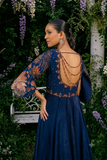 Midnight blue cape sleeves satin asymmetric gown