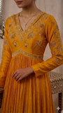 Mustard  Chanderi & Georgette Floral Hand Embroidered Anarkali