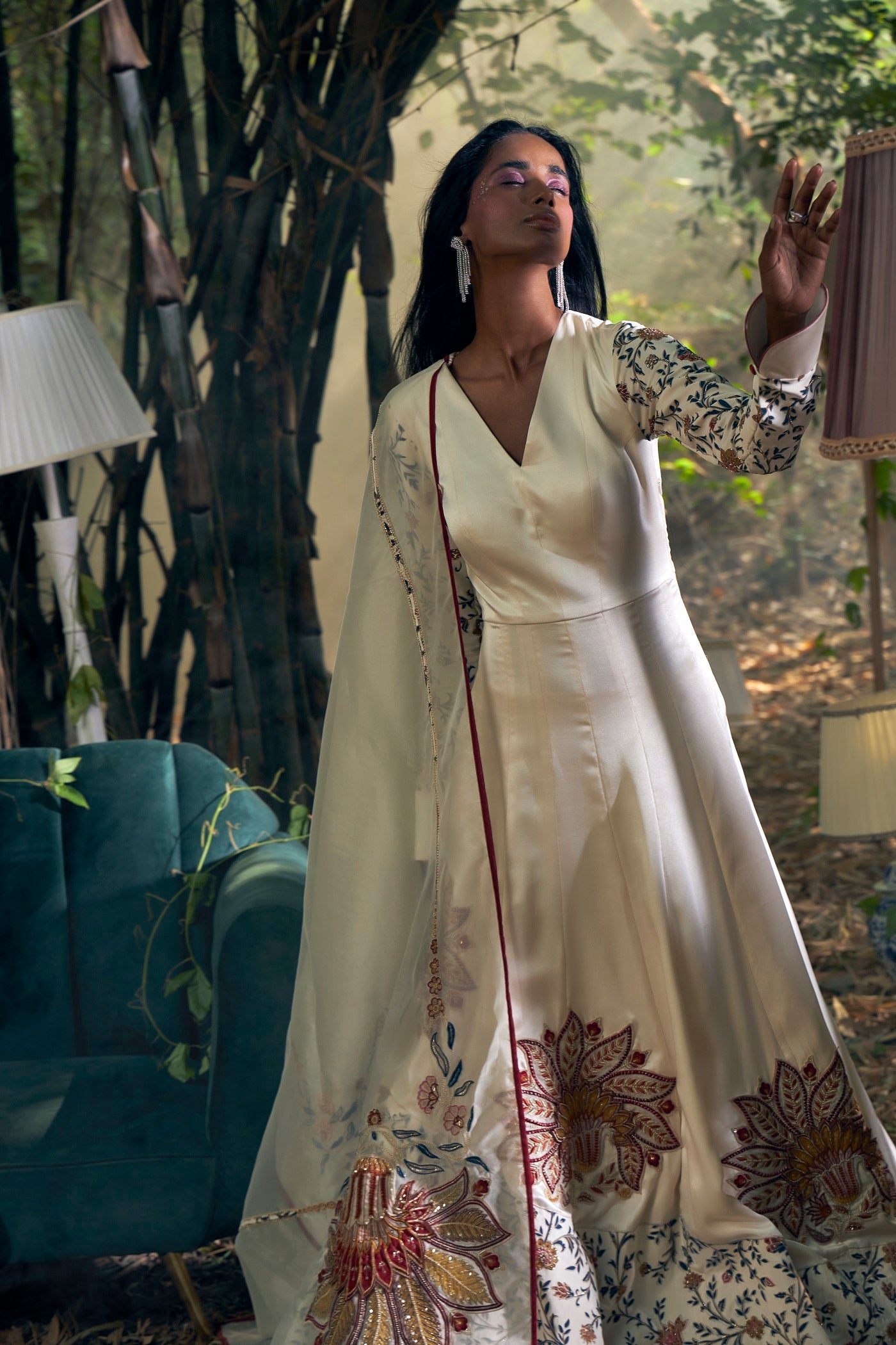 Ivory Satin Georgette Embroidered Anarkali Set