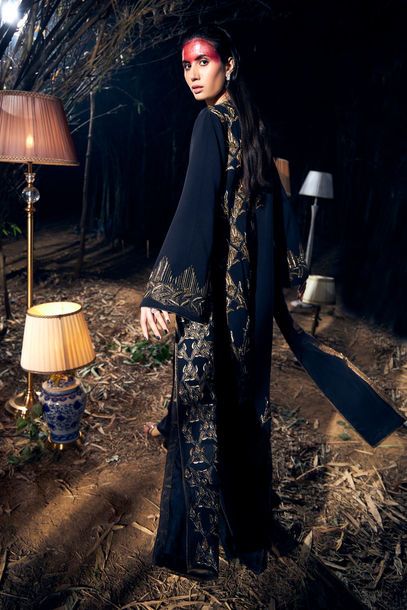 Black and Gold Crepe Silk Embroidered Jacket Set
