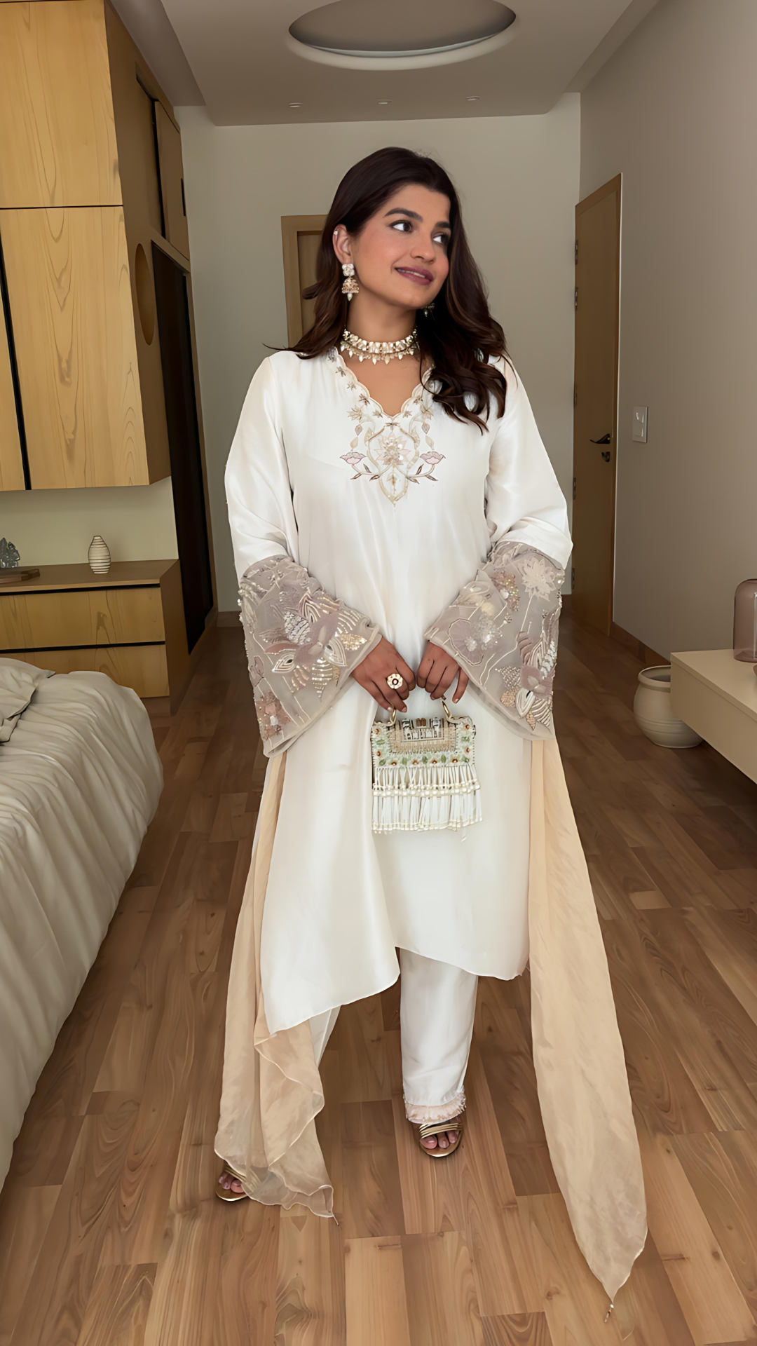 Ivory dupion silk kaftan set