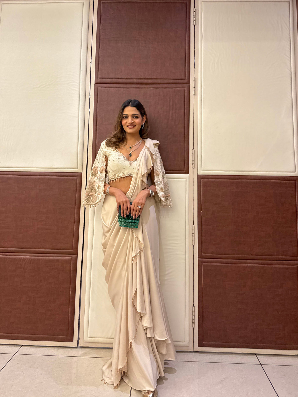 Ivory satin and georgette embroidered drape saree set