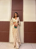 Ivory satin and georgette embroidered drape saree set
