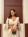 Ivory satin and georgette embroidered drape saree set