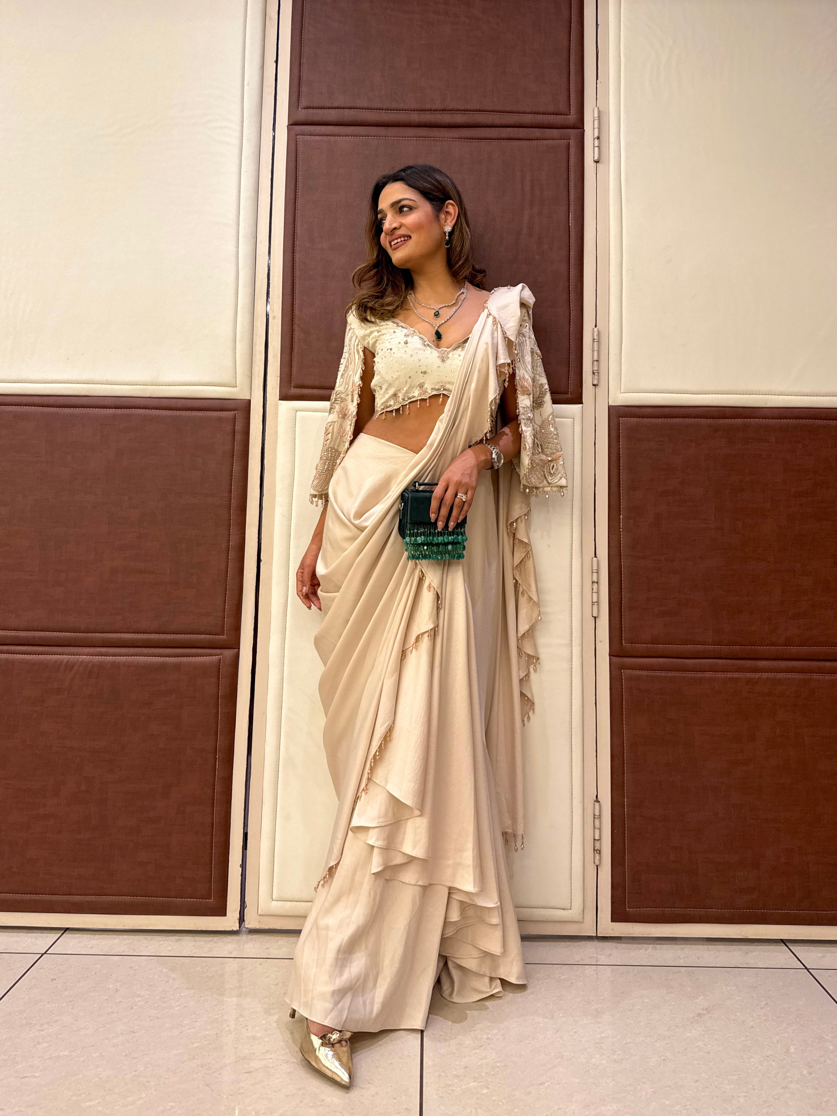 Ivory satin and georgette embroidered drape saree set