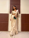 Ivory satin and georgette embroidered drape saree set