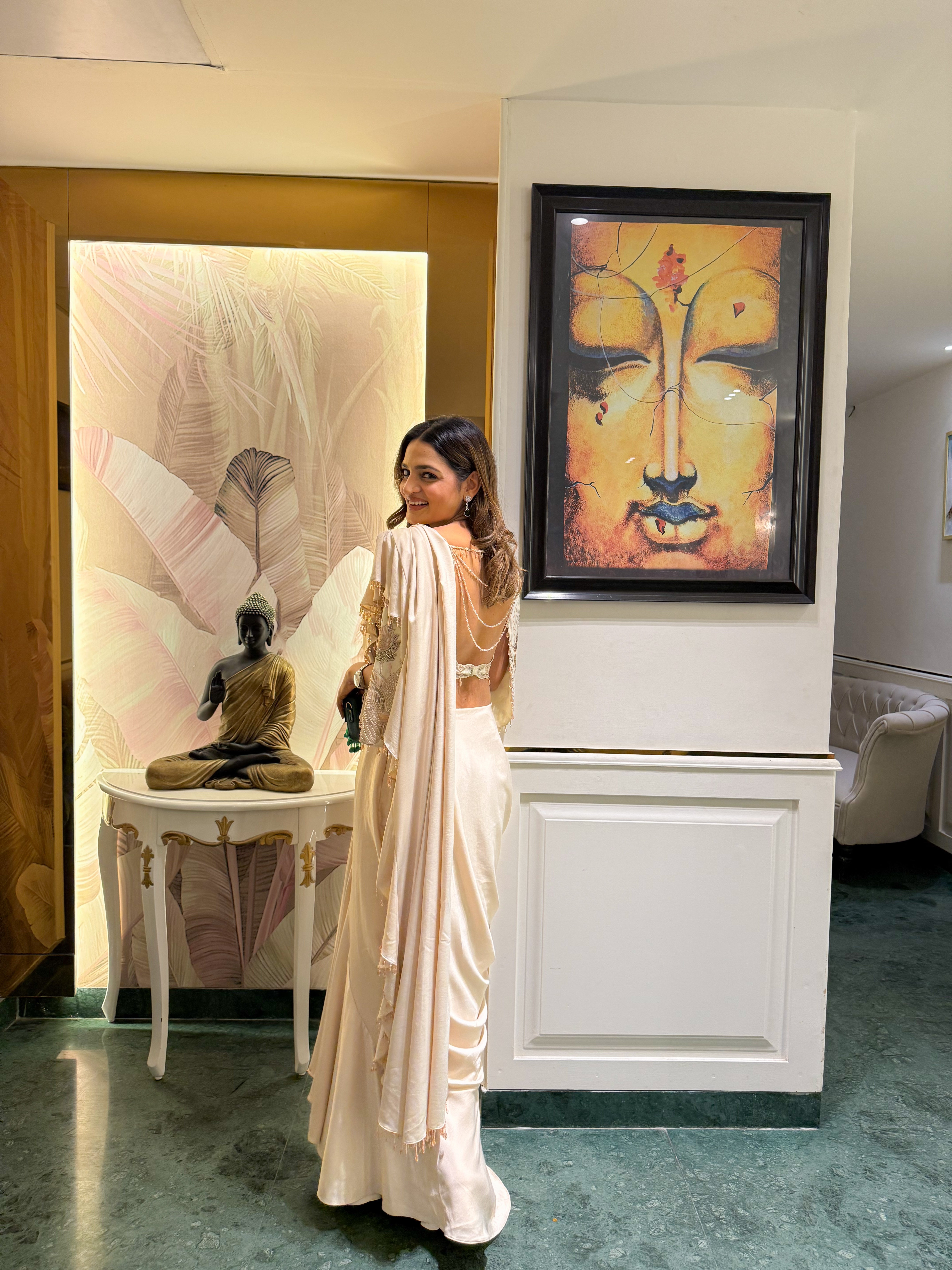 Ivory satin and georgette embroidered drape saree set
