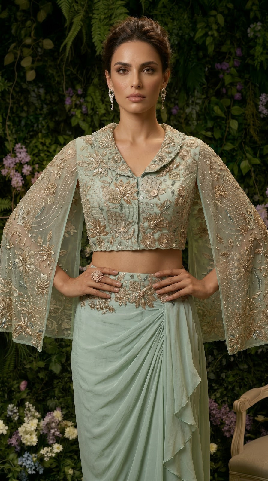 Mint Jacket and asymmetric Drape  Skirt Set