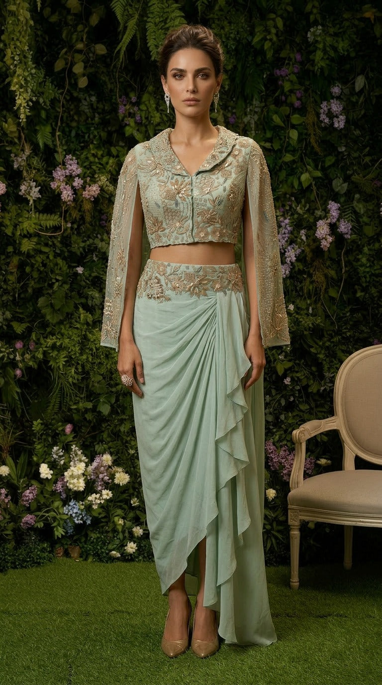 Mint Jacket and asymmetric Drape  Skirt Set