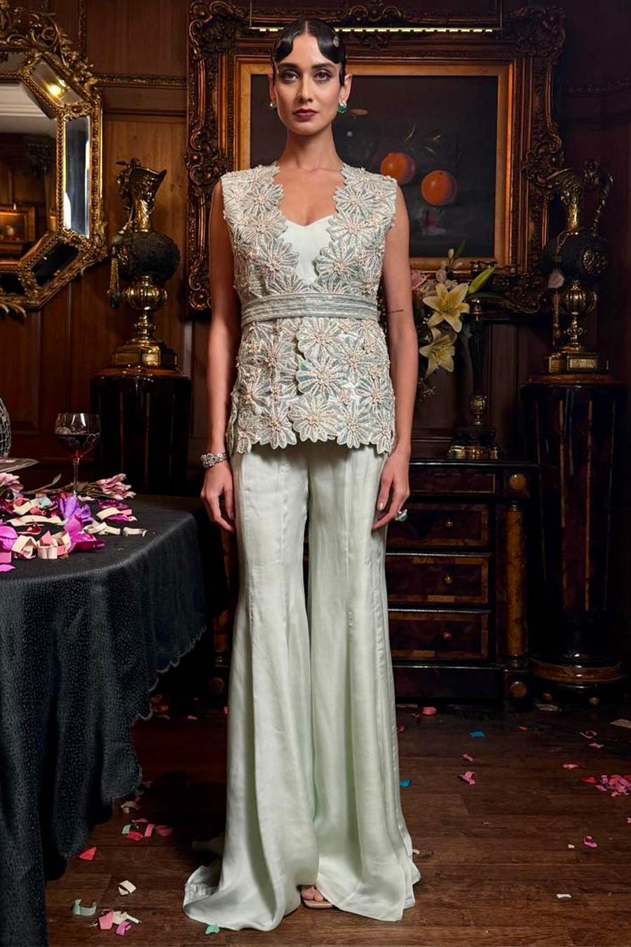 Mint Georgette Embroidered Jacket Set