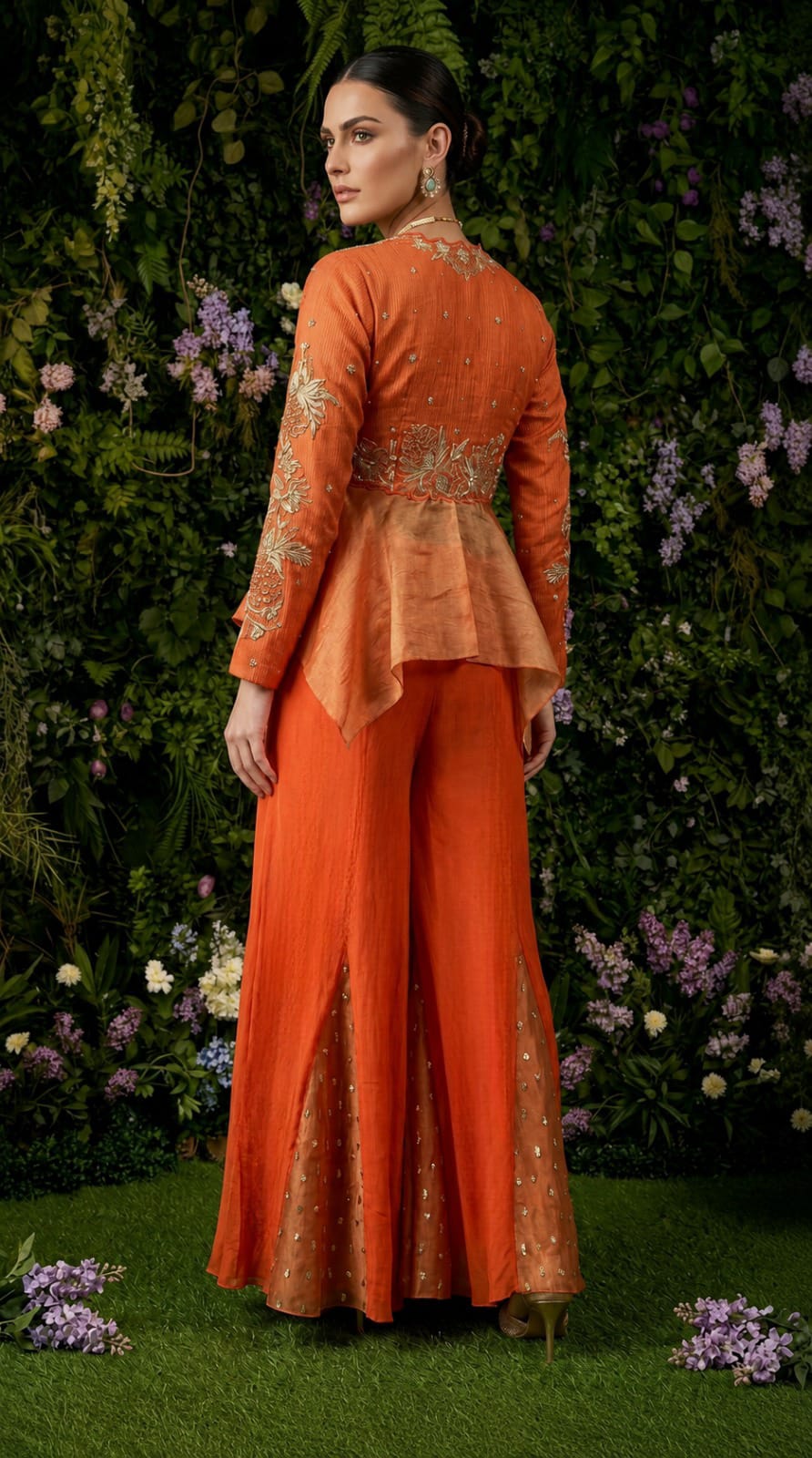Orange Banarasi Tissue Peplum & Sharara Set,