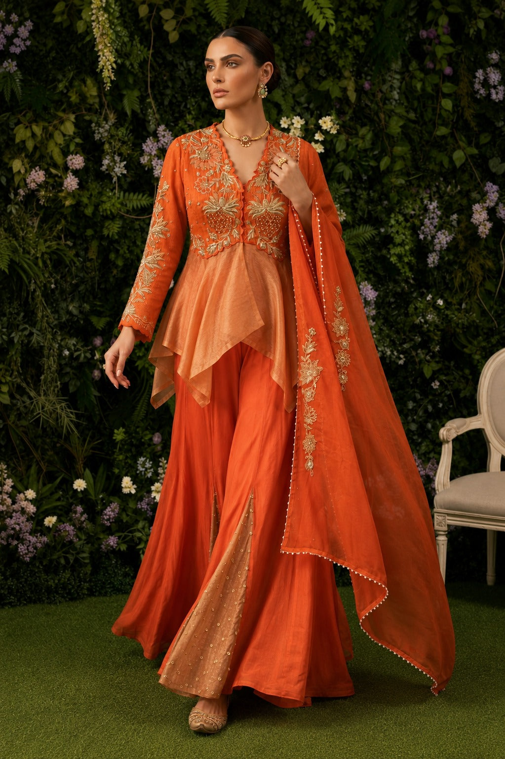 Orange Banarasi Tissue Peplum & Sharara Set,