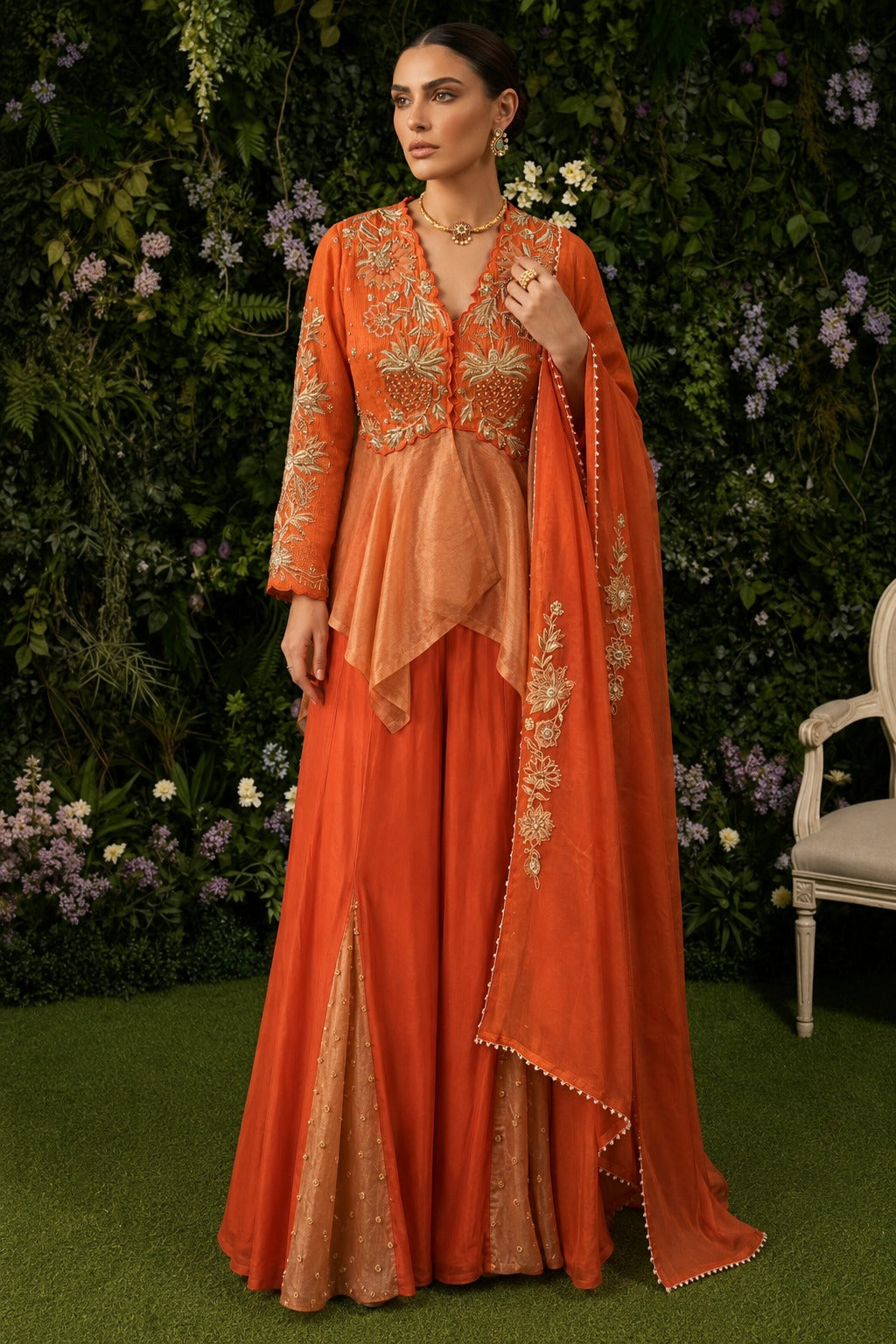 Orange Banarasi Tissue Peplum & Sharara Set,
