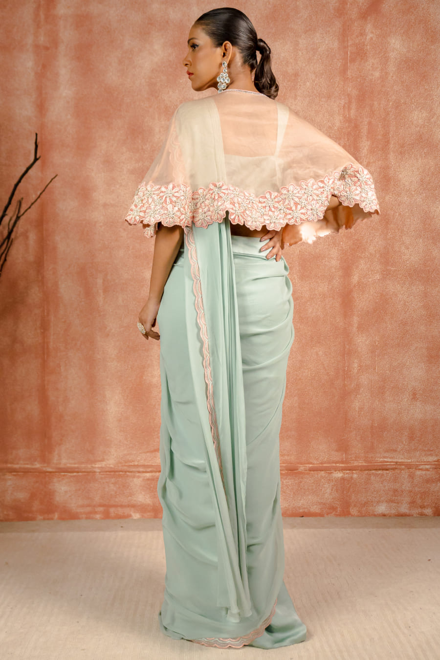 Peach and mint cape and pant saree set