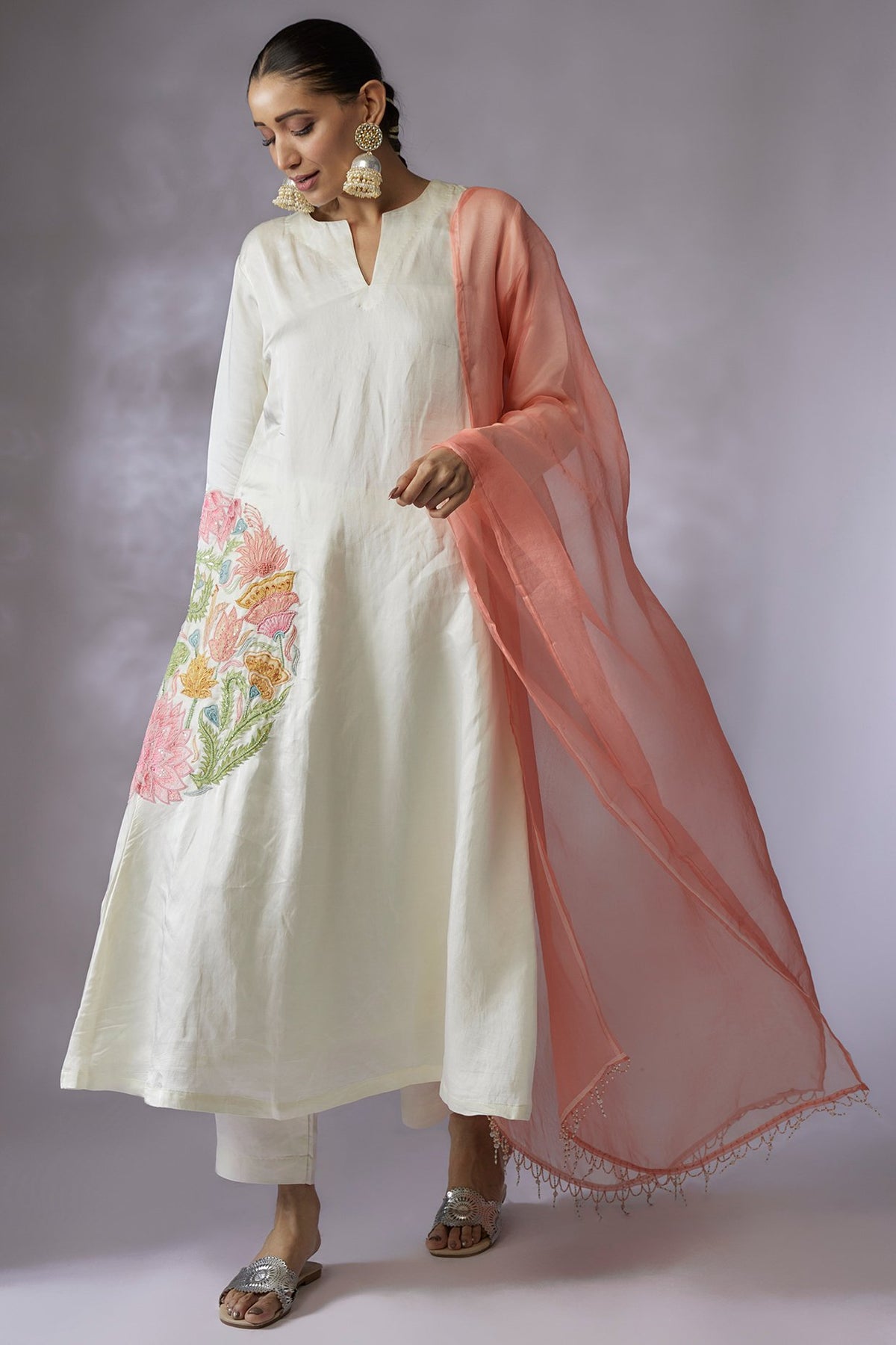 Ivory silk linen satin Embroidered A line Kurta Set