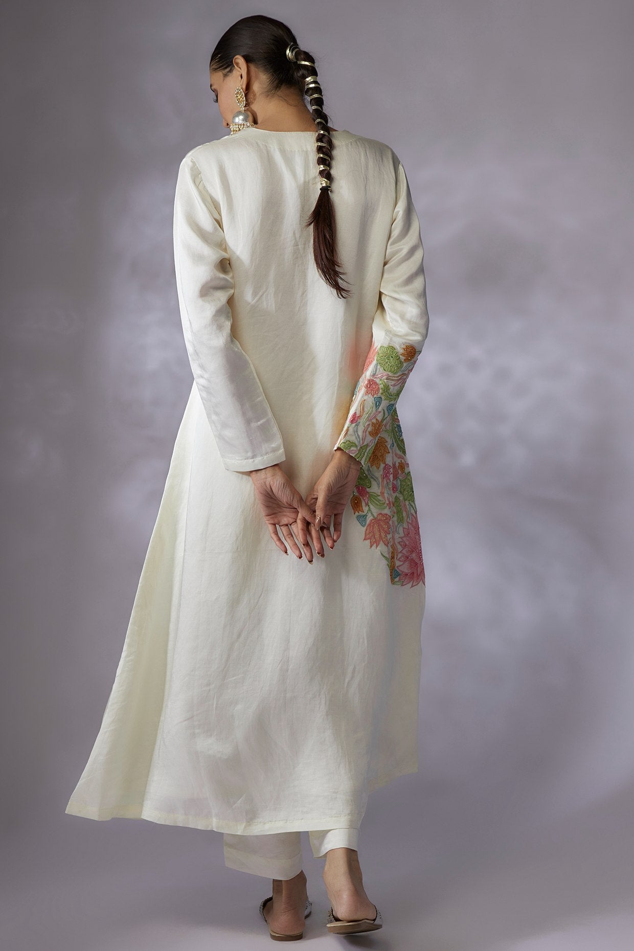 Ivory silk linen satin Embroidered A line Kurta Set