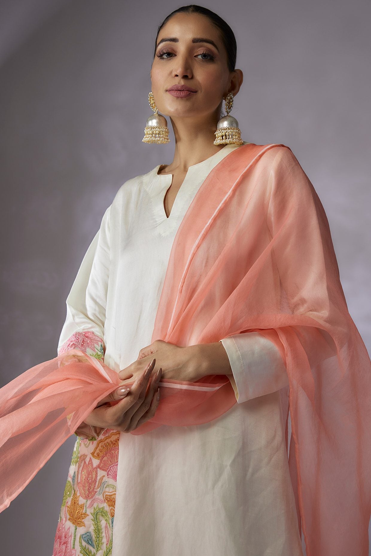 Ivory silk linen satin Embroidered A line Kurta Set