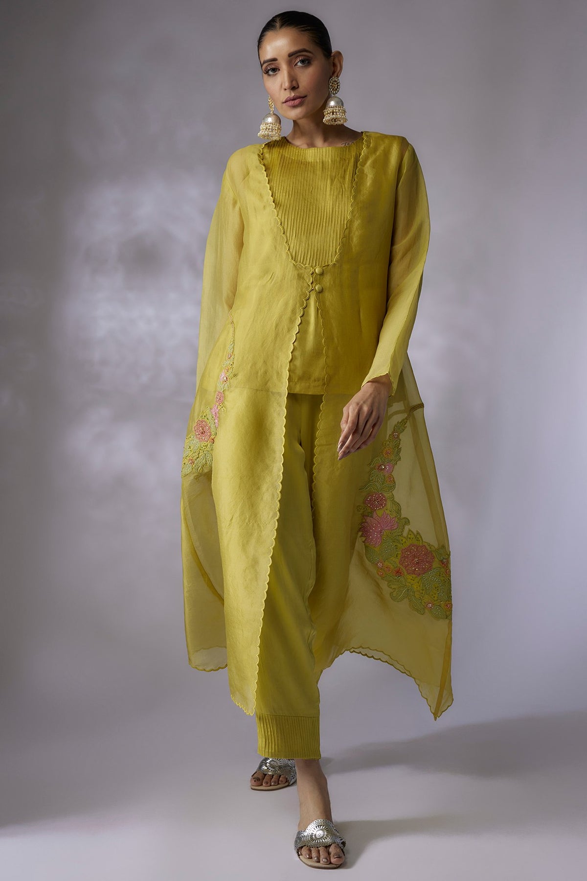 lime green silk organza Embroidered jacket suit Set