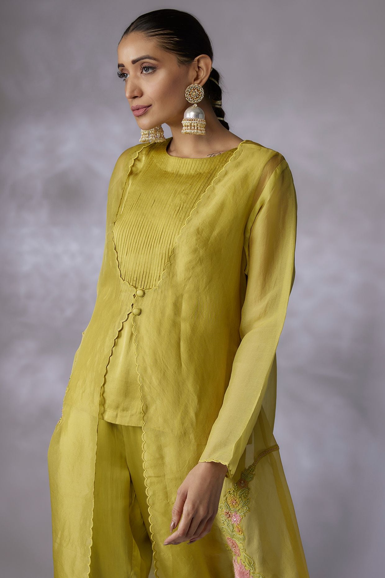 lime green silk organza Embroidered jacket suit Set