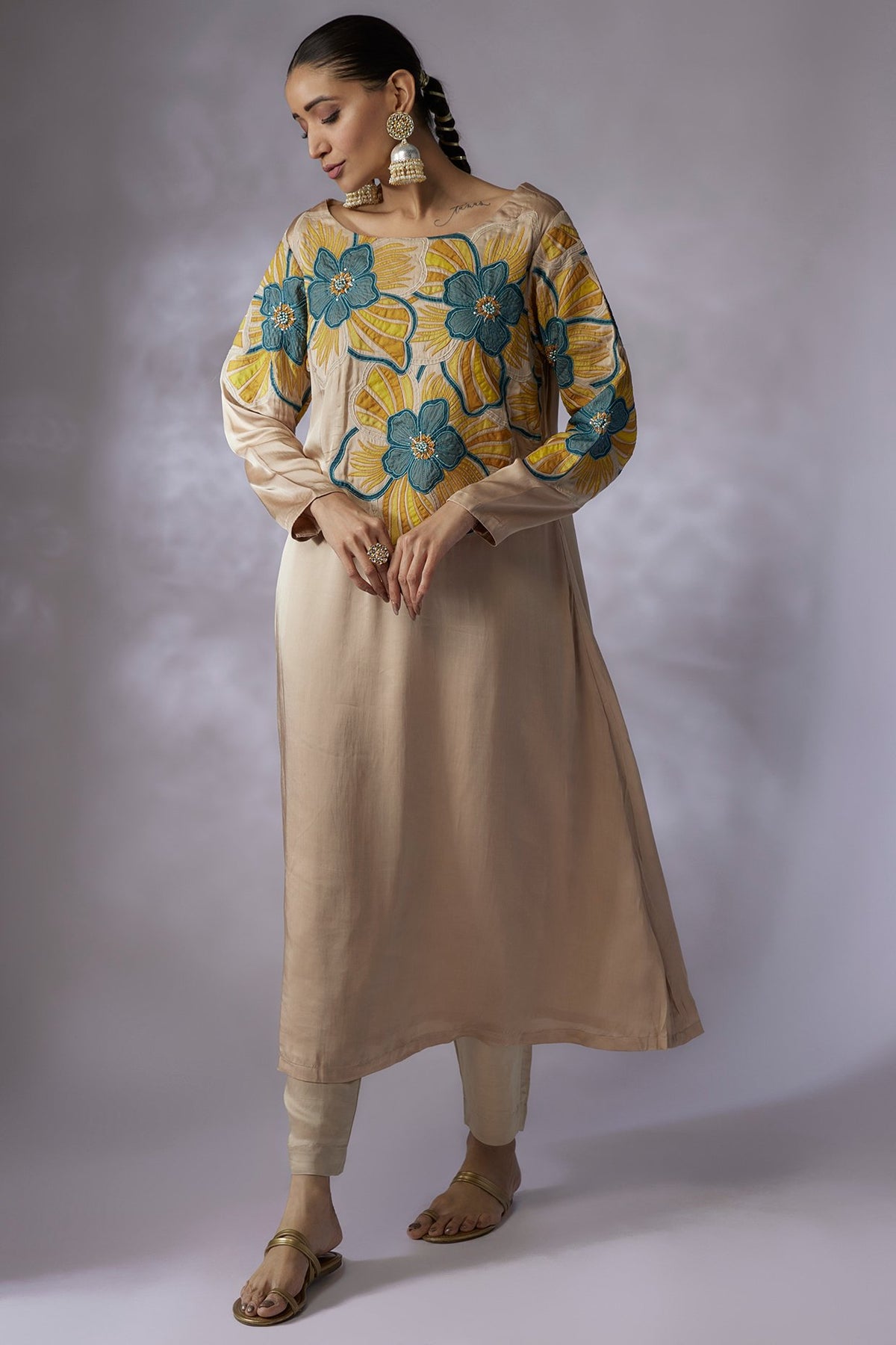 Beige silk Embroidered Kurta - Shreeka