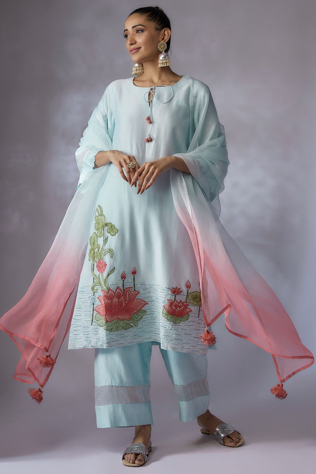 Powder blue Silk Chanderi Embroidered Kurta Set