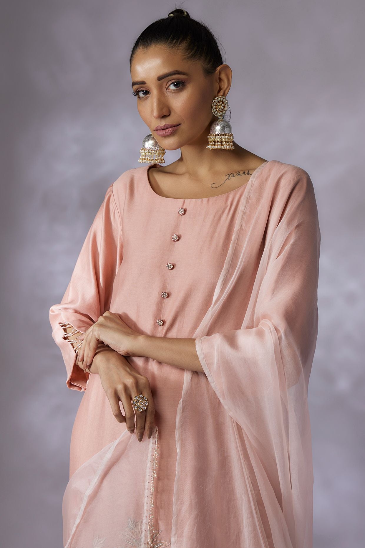 Dusty pink Silk Chanderi Embroidered Kurta Set