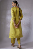 Lime green silk linen satin Embroidered Kurta Set