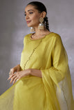 Lime green silk linen satin Embroidered Kurta Set